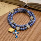 Pulsera Rosario Elástica Artesanal de Piedra Azul de 4 mm con Crucifijo y Cruz de Jerusalén