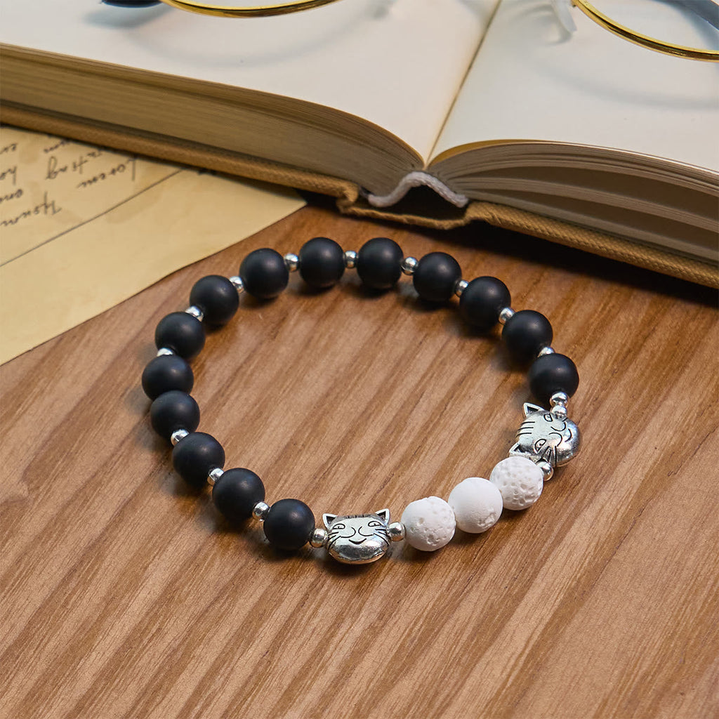 Pulsera Animal de Bendición de Piedra de Lava Negra y Blanca Mate con Gata