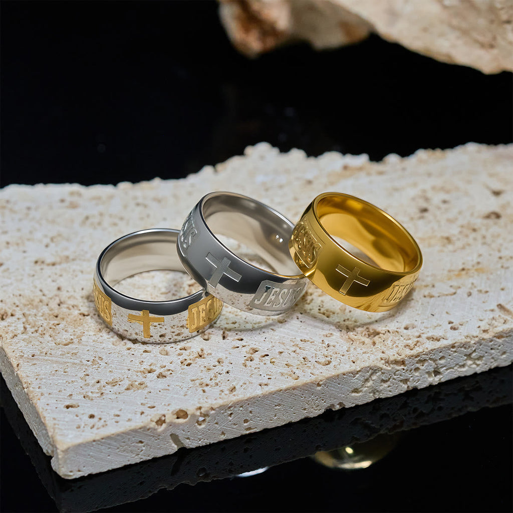 Anillo Bendecido con Símbolo JESÚS y Cruz Dorado en Dos Tonos
