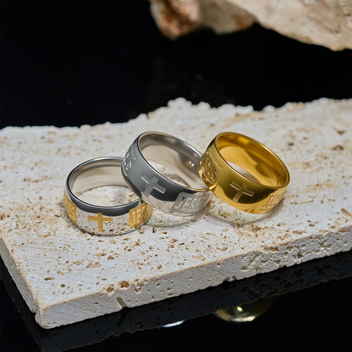 Anillo Bendecido con Símbolo JESÚS y Cruz Dorado en Dos Tonos