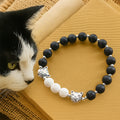 Pulsera Animal de Bendición de Piedra de Lava Negra y Blanca Mate con Gata
