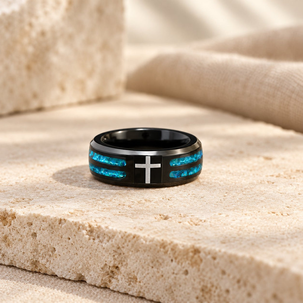 Modern Titanium Steel Cross Ring with Laser Blue Inlay