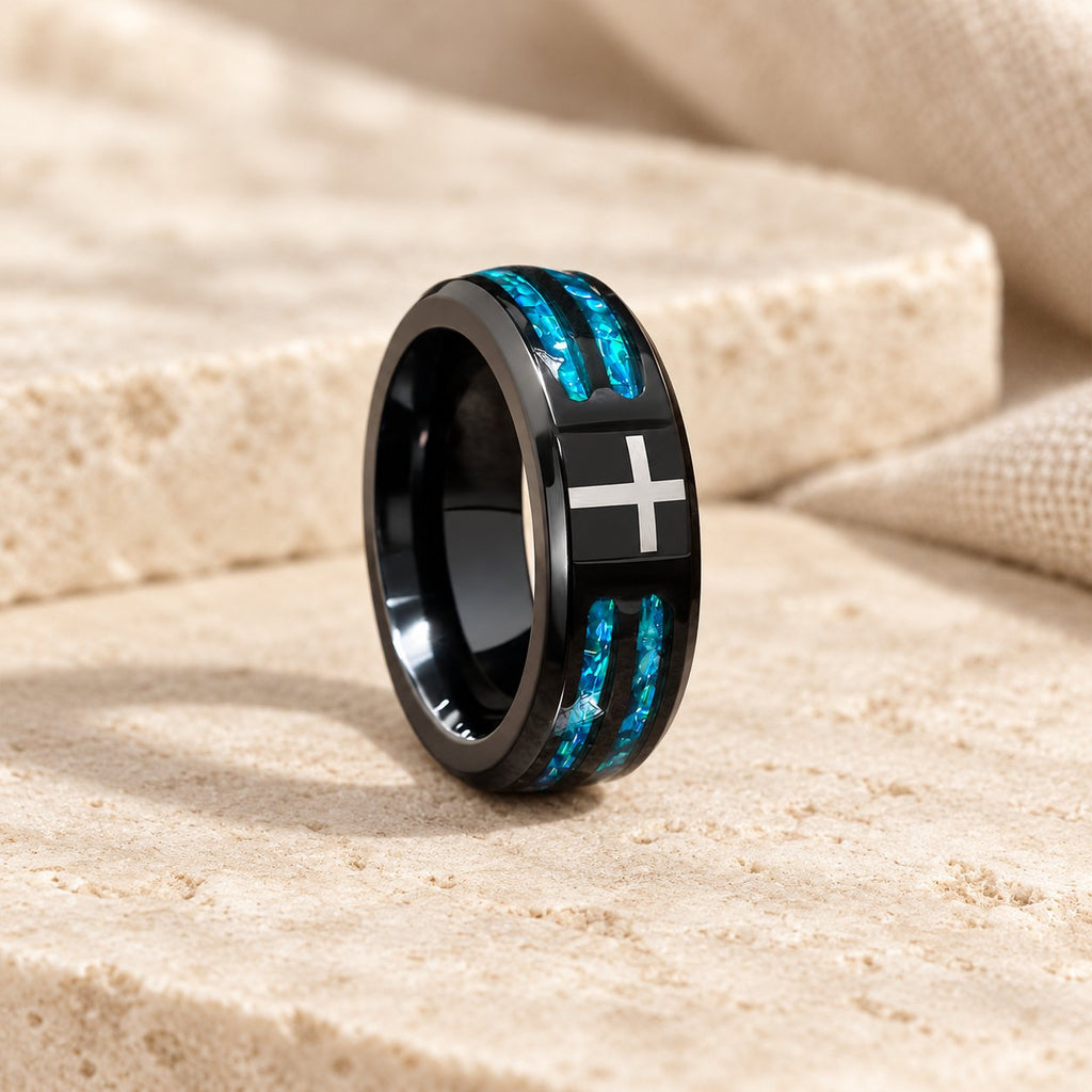 Modern Titanium Steel Cross Ring with Laser Blue Inlay