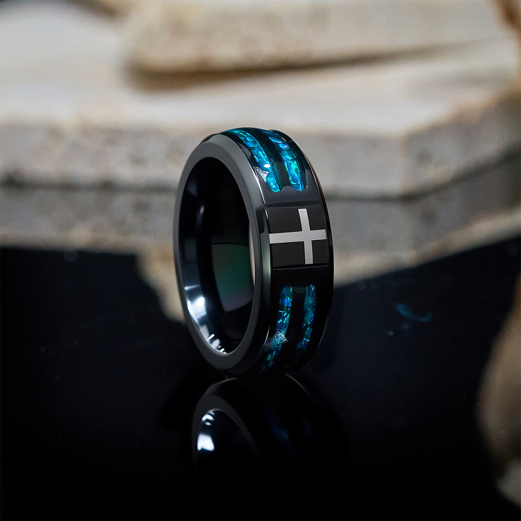 Anillo Moderno de Cruz en Acero de Titanio con Incrustación Azul Láser: Serenidad en Cristo