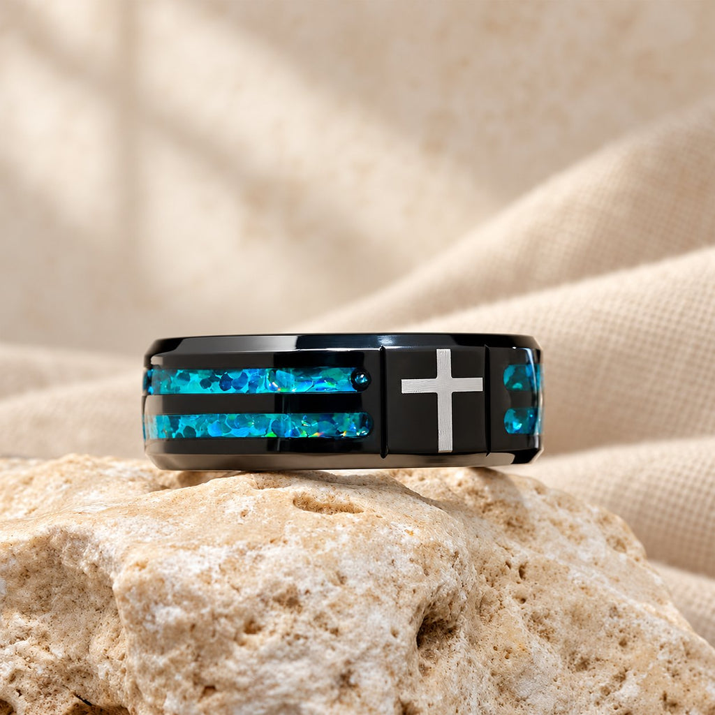 Modern Titanium Steel Cross Ring with Laser Blue Inlay