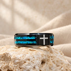 Modern Titanium Steel Cross Ring with Laser Blue Inlay