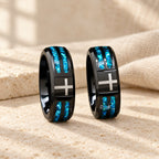 Modern Titanium Steel Cross Ring with Laser Blue Inlay