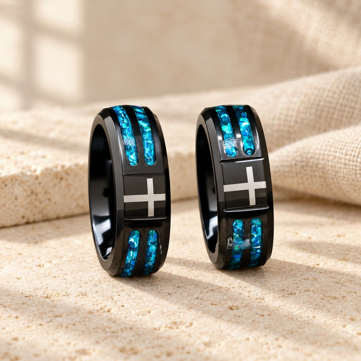 Modern Titanium Steel Cross Ring with Laser Blue Inlay