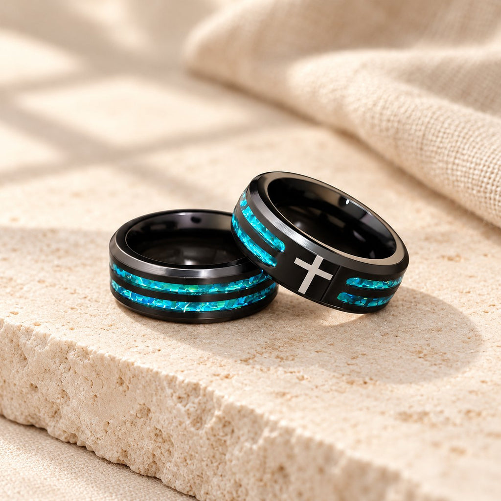 Modern Titanium Steel Cross Ring with Laser Blue Inlay