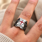 Medieval Style Red Cross Shield Ring with Knightly Design and Engraved