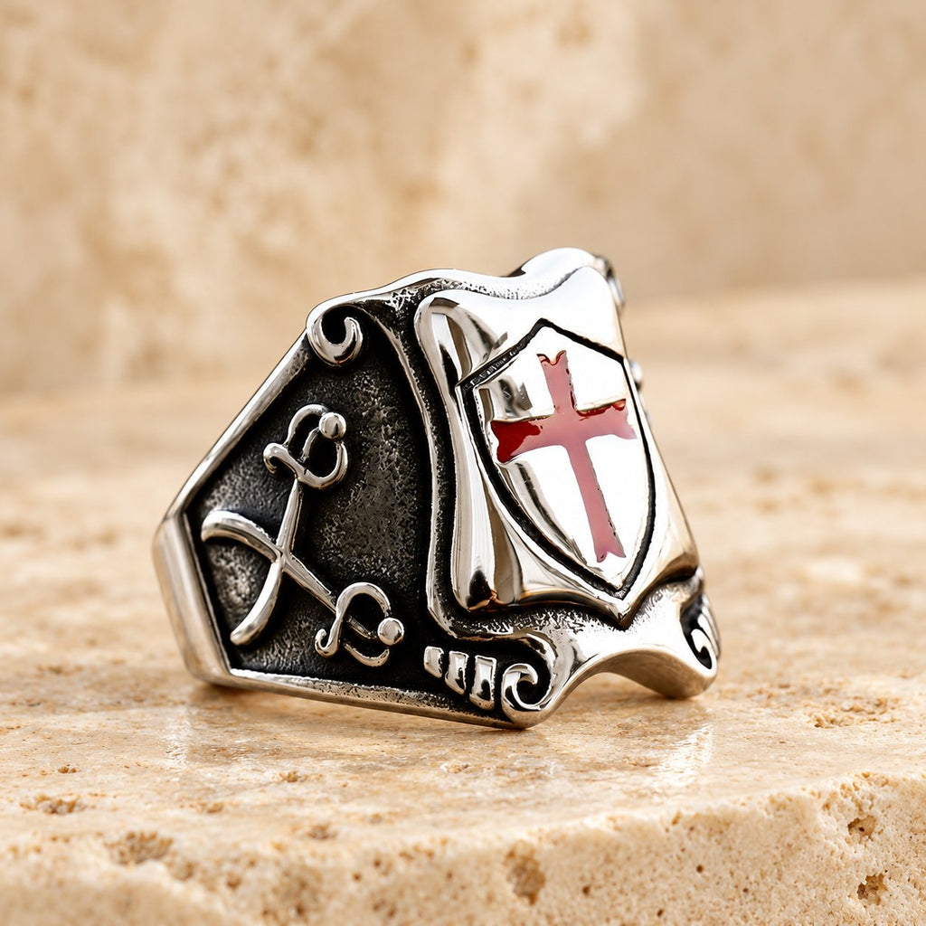 Medieval Style Red Cross Shield Ring with Knightly Design and Engraved