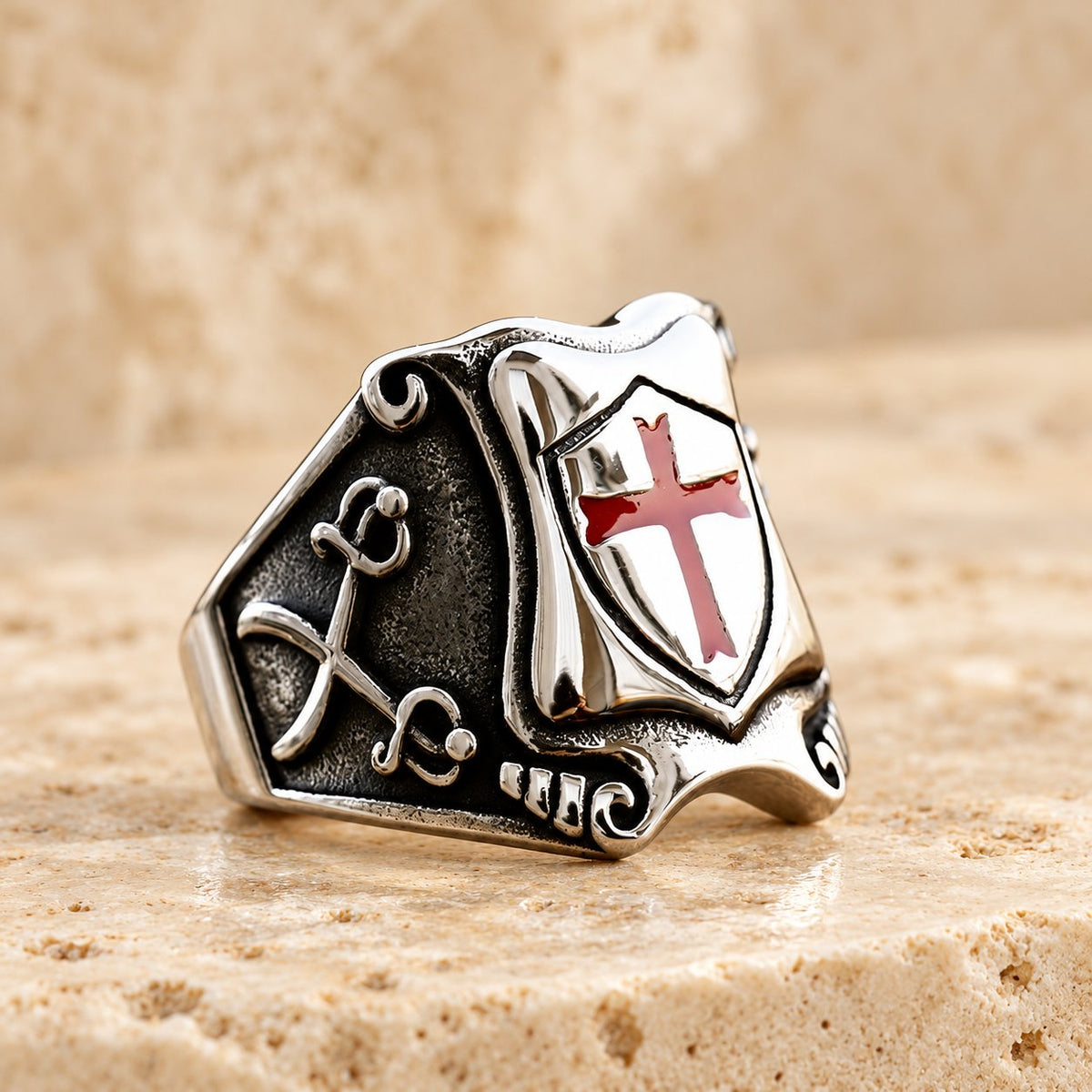 Medieval Style Red Cross Shield Ring with Knightly Design and Engraved