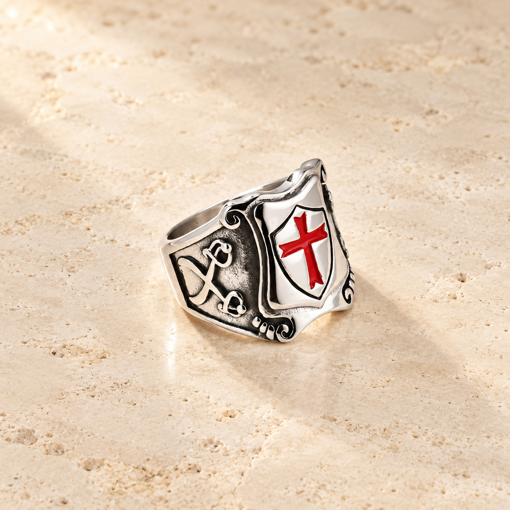 Medieval Style Red Cross Shield Ring with Knightly Design and Engraved