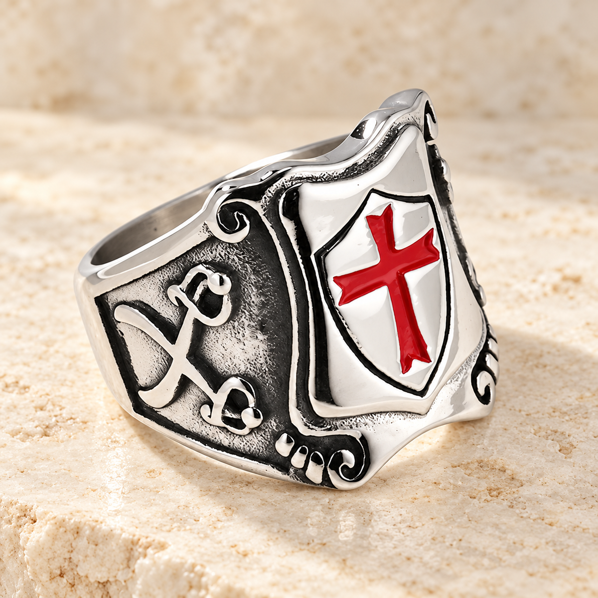 Medieval Style Red Cross Shield Ring with Knightly Design and Engraved
