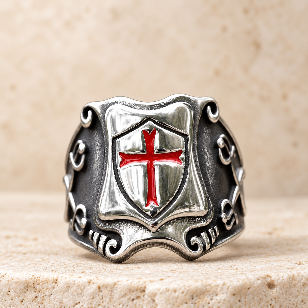 Medieval Style Red Cross Shield Ring with Knightly Design and Engraved