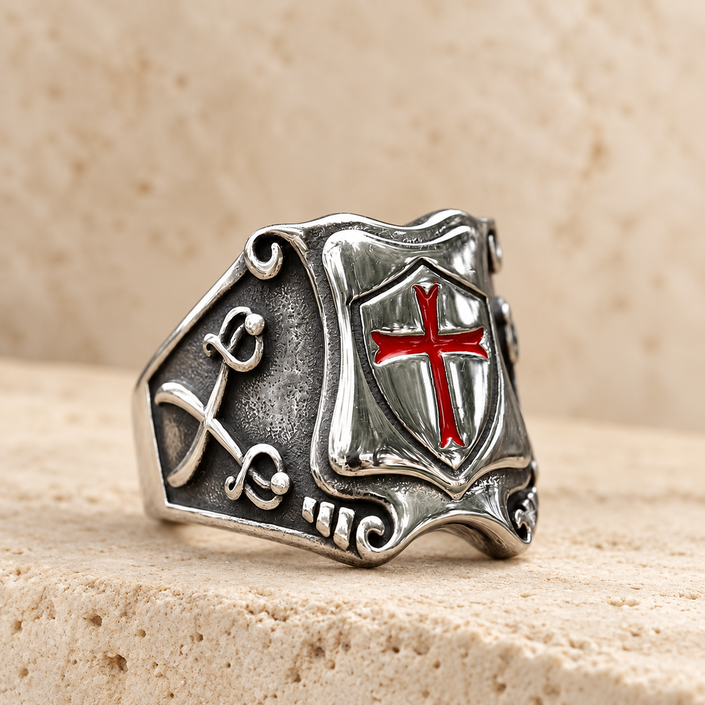Medieval Style Red Cross Shield Ring with Knightly Design and Engraved