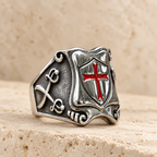 Medieval Style Red Cross Shield Ring with Knightly Design and Engraved