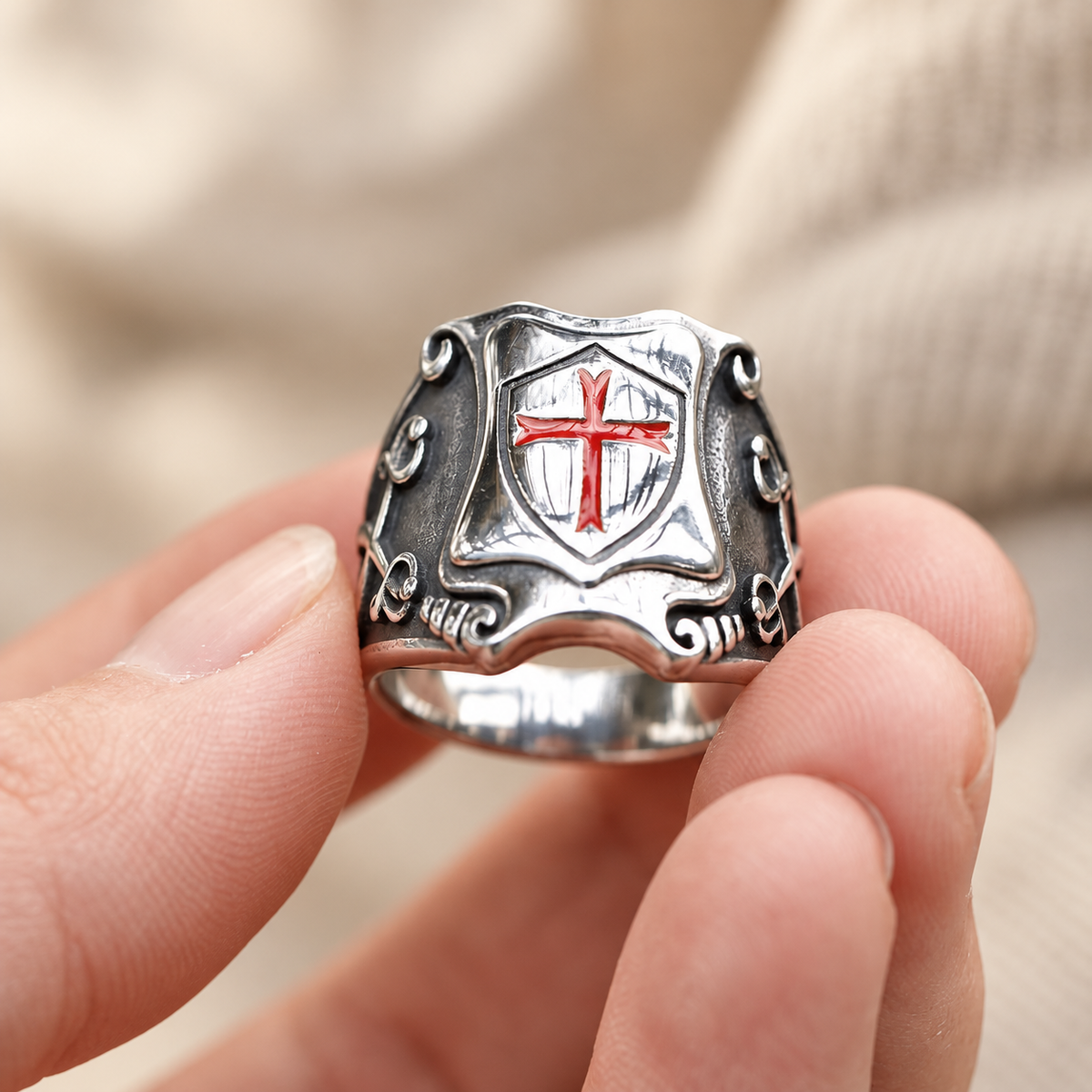 Medieval Style Red Cross Shield Ring with Knightly Design and Engraved