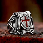 Anillo Escudo de Cruz Roja Estilo Medieval con Diseño Caballeresco y Grabados