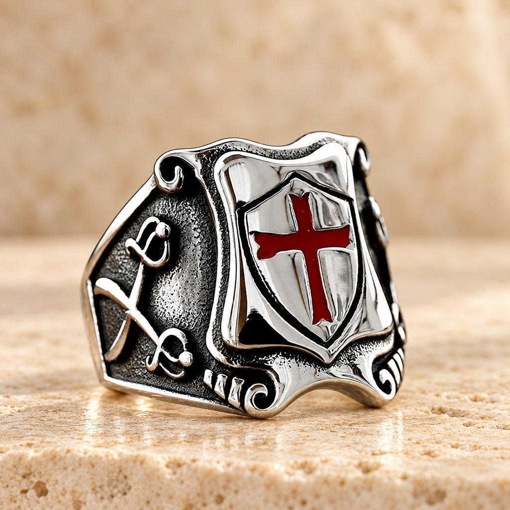 Medieval Style Red Cross Shield Ring with Knightly Design and Engraved