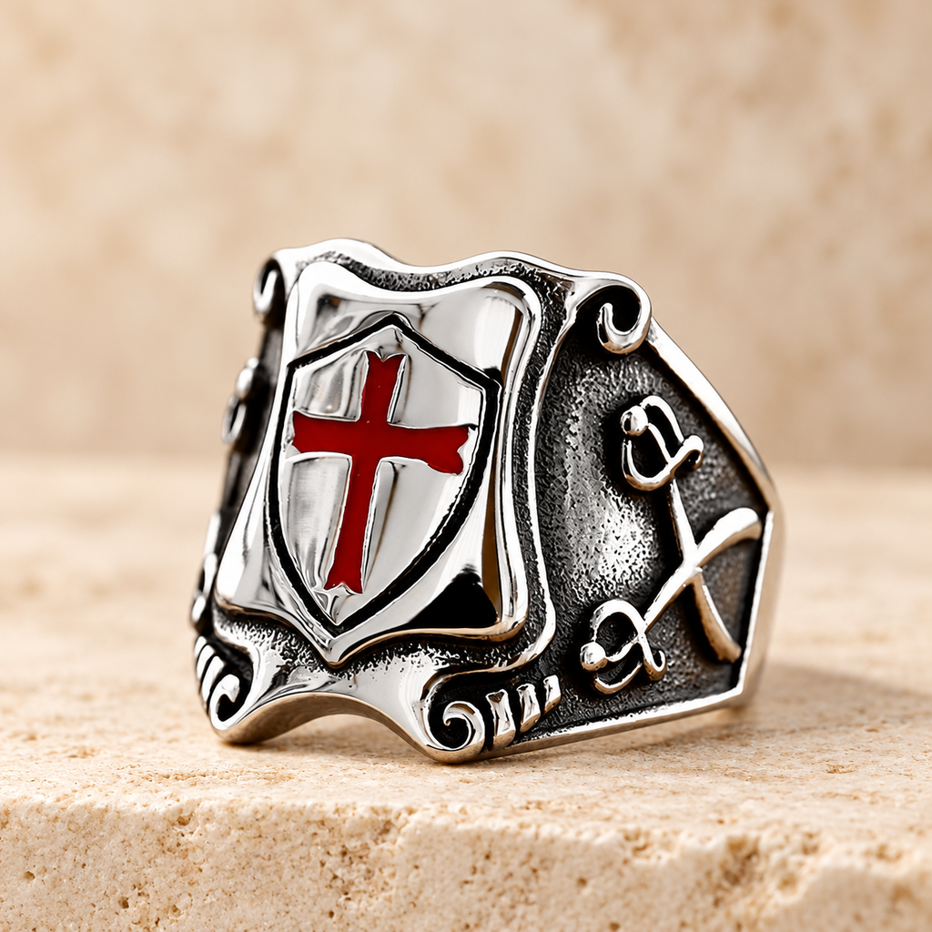 Medieval Style Red Cross Shield Ring with Knightly Design and Engraved
