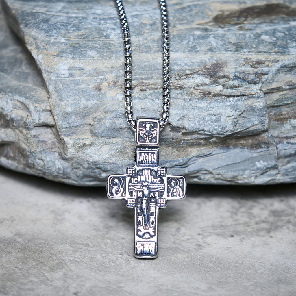 Collar Vintage de Acero de Titanio con Cruz Ortodoxa Sagrada y Escritura Religiosa