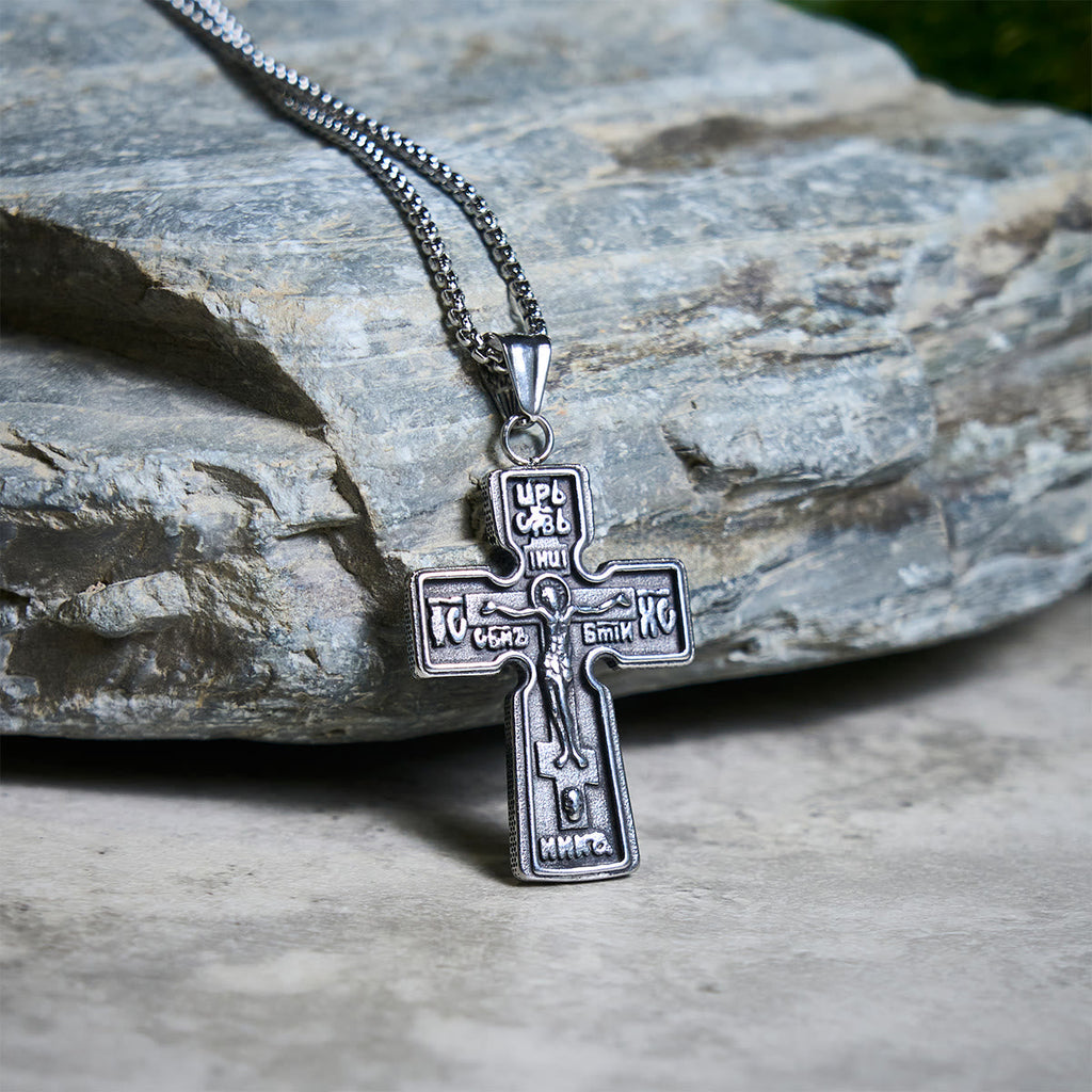 Collar Vintage de Acero de Titanio con Cruz Ortodoxa Sagrada y Escritura Religiosa