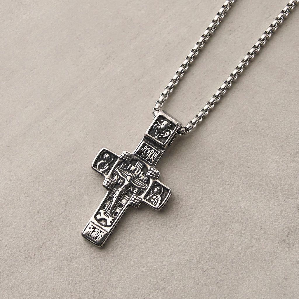 Collar Vintage de Acero de Titanio con Cruz Ortodoxa Sagrada y Escritura Religiosa