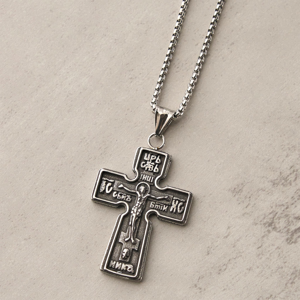 Collar Vintage de Acero de Titanio con Cruz Ortodoxa Sagrada y Escritura Religiosa