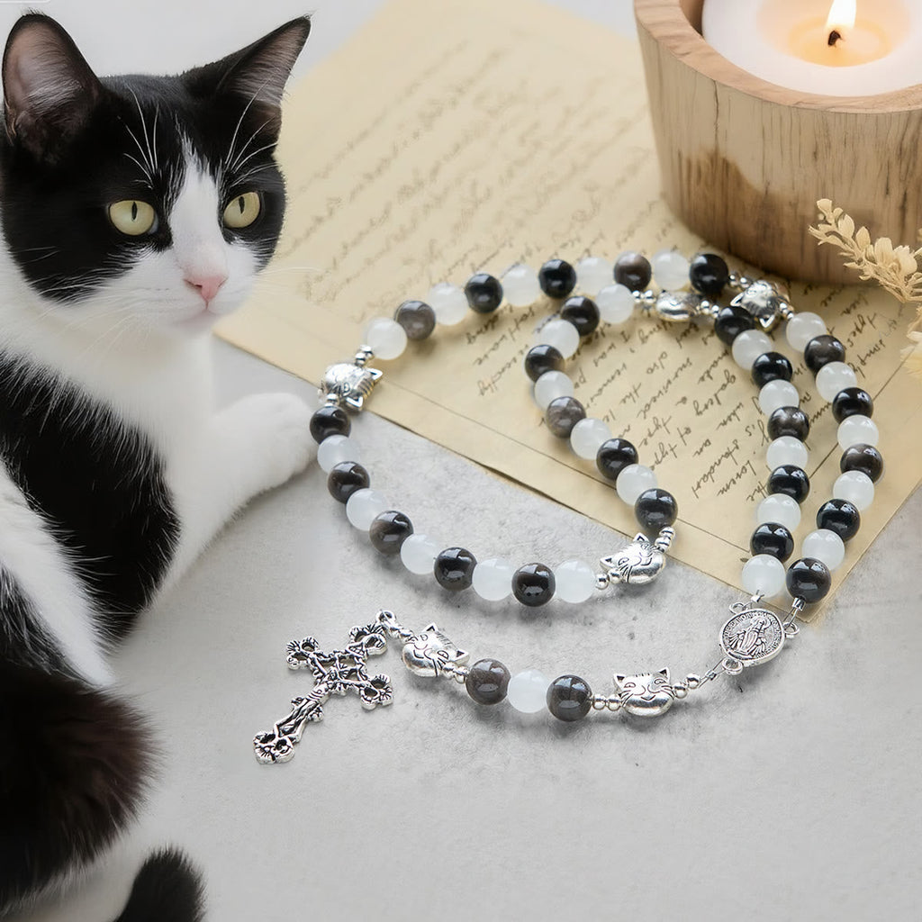 Pulsera de Cuentas con Gata Blanca y Negra "Bendición de la Virgen", Rosario Animal