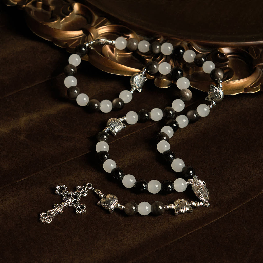Pulsera de Cuentas con Gata Blanca y Negra "Bendición de la Virgen", Rosario Animal