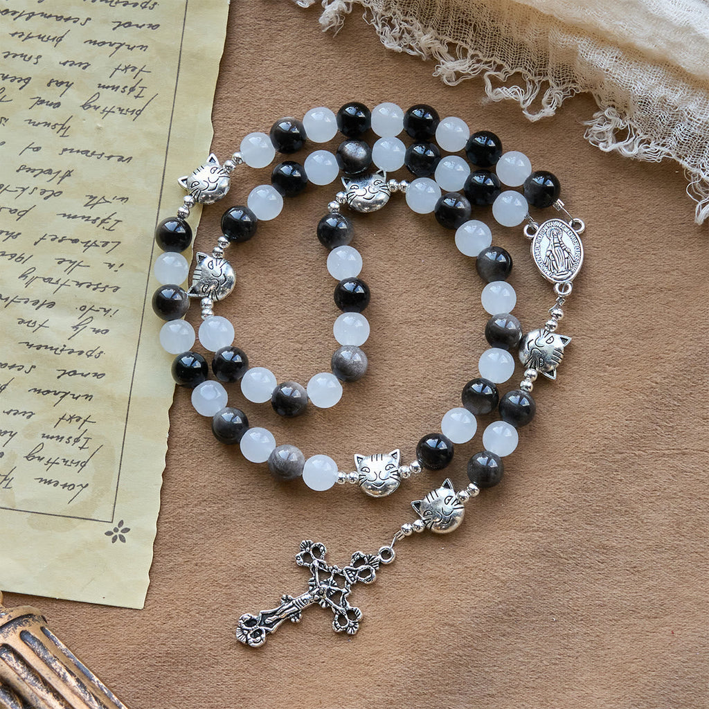 Pulsera de Cuentas con Gata Blanca y Negra "Bendición de la Virgen", Rosario Animal