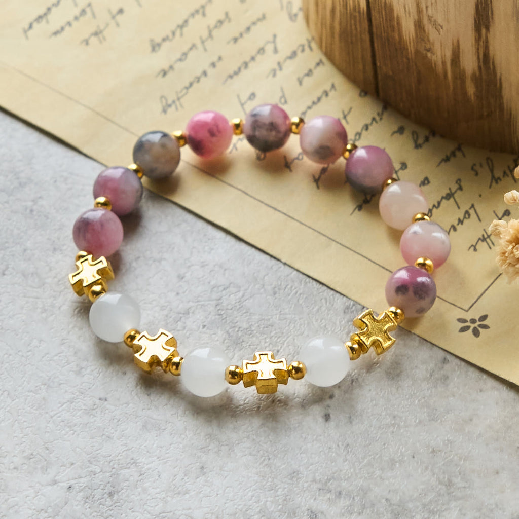 Pulsera Elegante de Cuentas de Jade Rosa Persa y Negro de 8 mm con Cruz Antigua