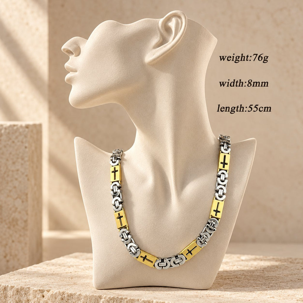 Tri-Color Cross-Embedded Chain Necklace & Bracelet