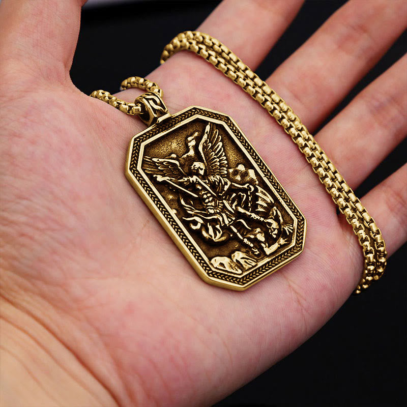Collar de Acero Inoxidable con Dije de Protección de San Miguel Arcángel Estilo Clásico