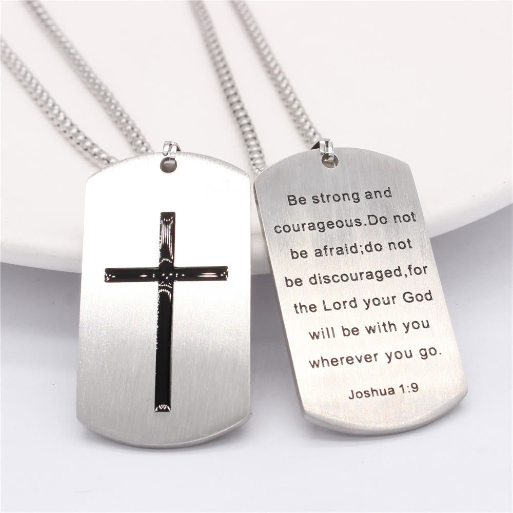 Collar de Acero Inoxidable a Doble Cara con Cruz y Josué 1:9 para el Valor