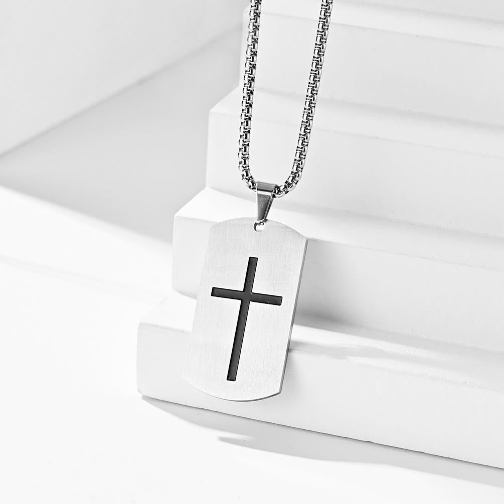 Collar de Acero Inoxidable a Doble Cara con Cruz y Josué 1:9 para el Valor