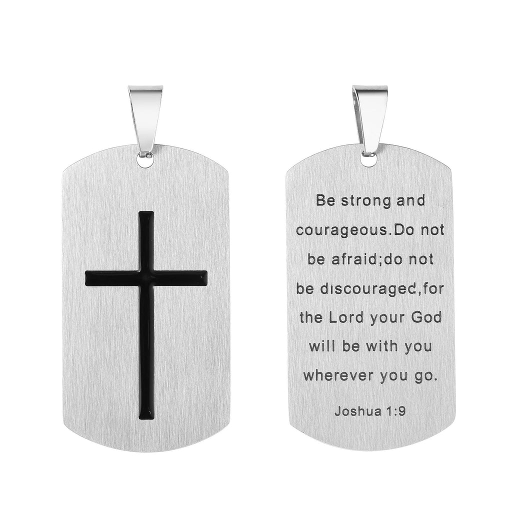 Collar de Acero Inoxidable a Doble Cara con Cruz y Josué 1:9 para el Valor