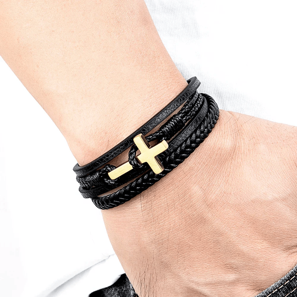Pulsera de Moda Tricolor de Acero Inoxidable con Cruz y Cuero Trenzado