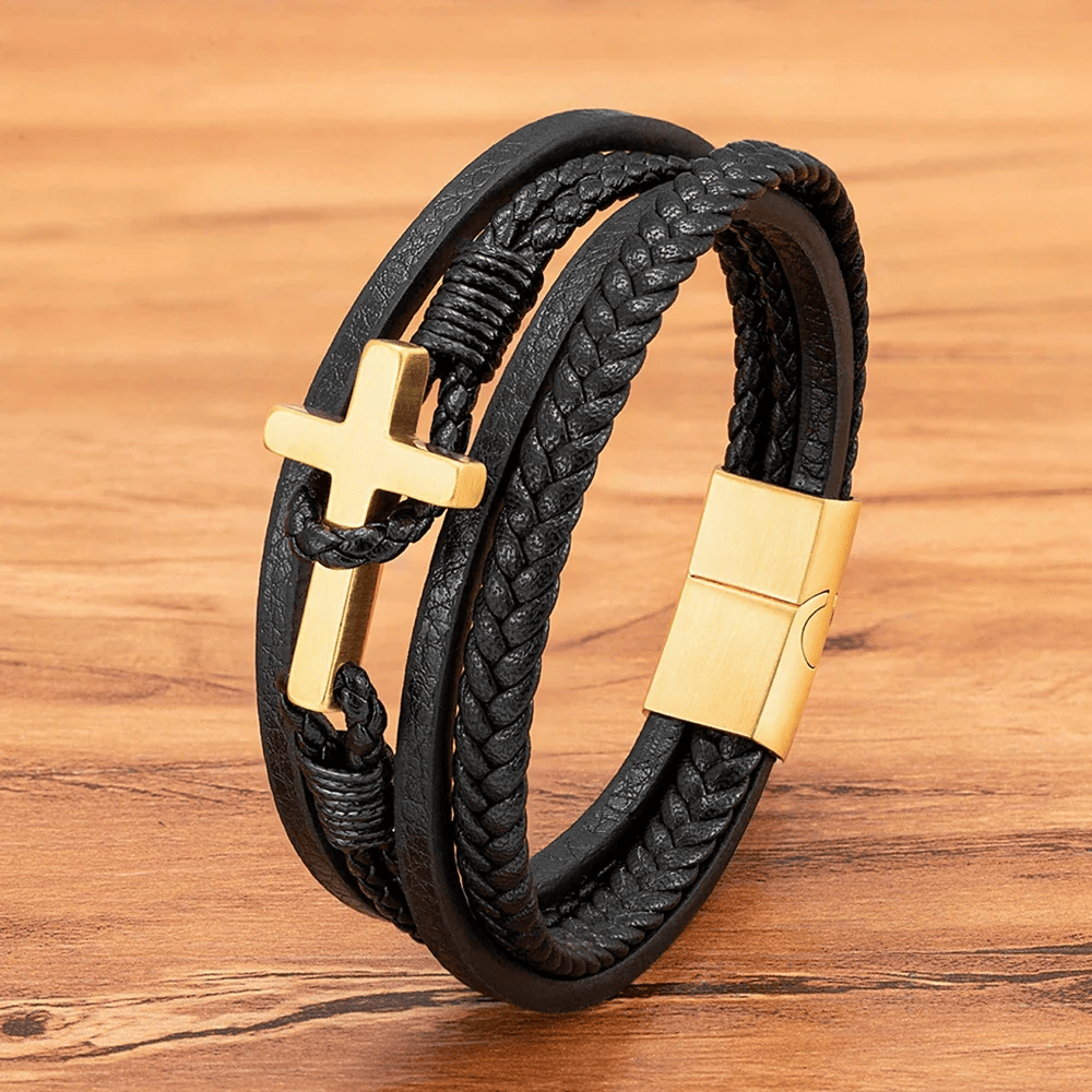 Pulsera de Moda Tricolor de Acero Inoxidable con Cruz y Cuero Trenzado