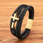 Pulsera de Moda Tricolor de Acero Inoxidable con Cruz y Cuero Trenzado