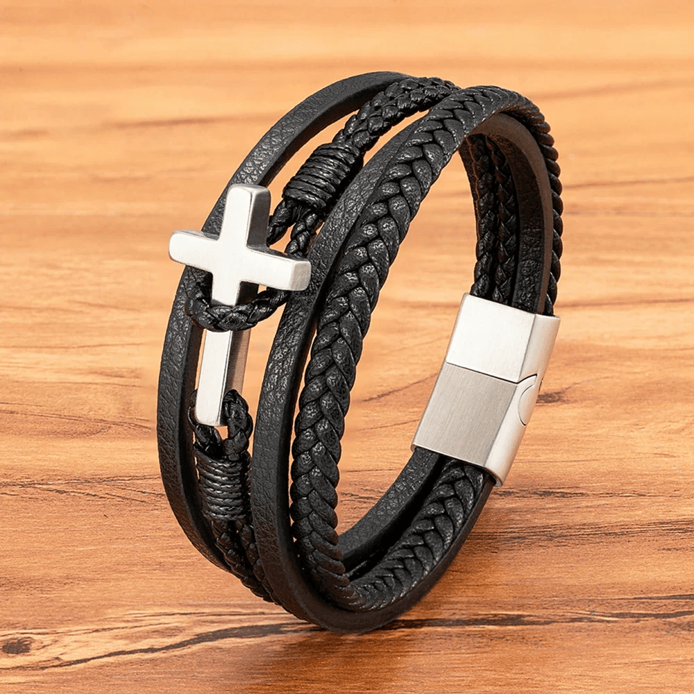 Pulsera de Moda Tricolor de Acero Inoxidable con Cruz y Cuero Trenzado