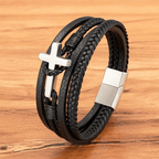Pulsera de Moda Tricolor de Acero Inoxidable con Cruz y Cuero Trenzado