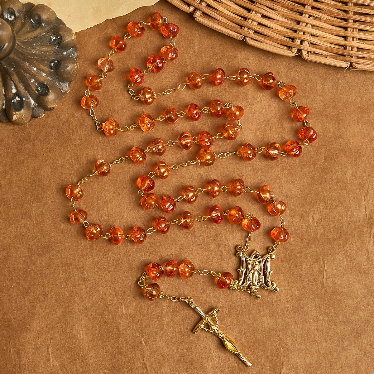 Rosario y Pulsera de Cuentas en Forma de Calabaza