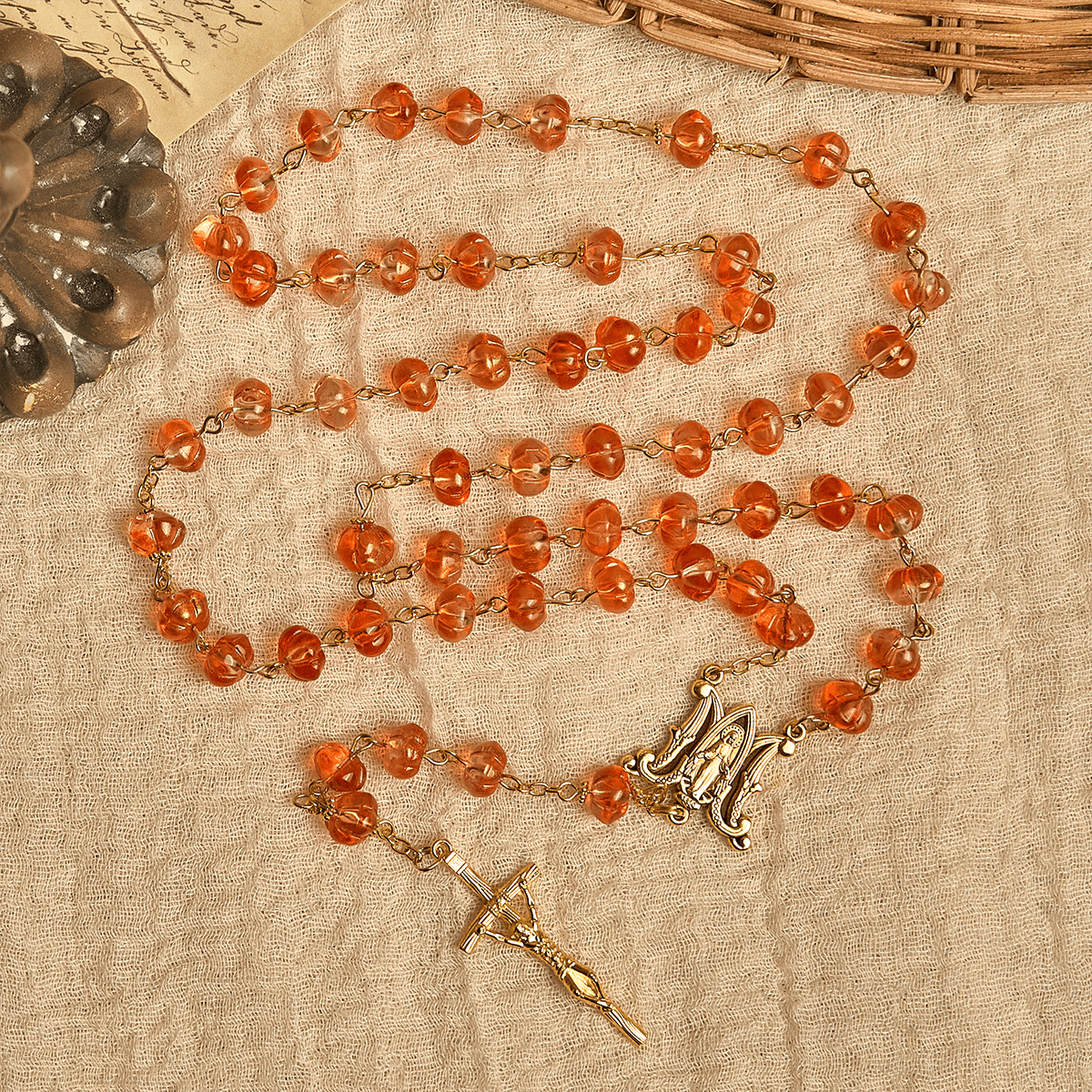 Rosario y Pulsera de Cuentas en Forma de Calabaza