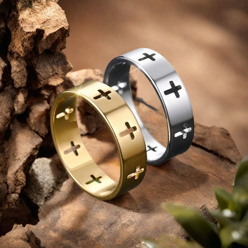 Anillo de Banda Calada con Varias Cruces: Joyería de Fe en Acero Inoxidable Bicolor