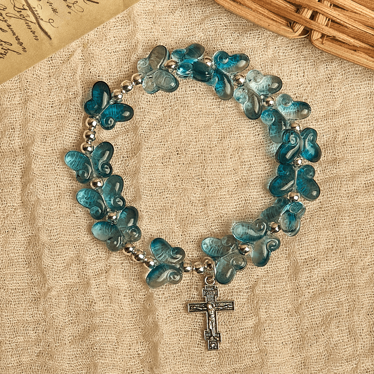Pulsera de Oración Mariposa Azul Brillante "Alas de Devoción", Rosario Animal