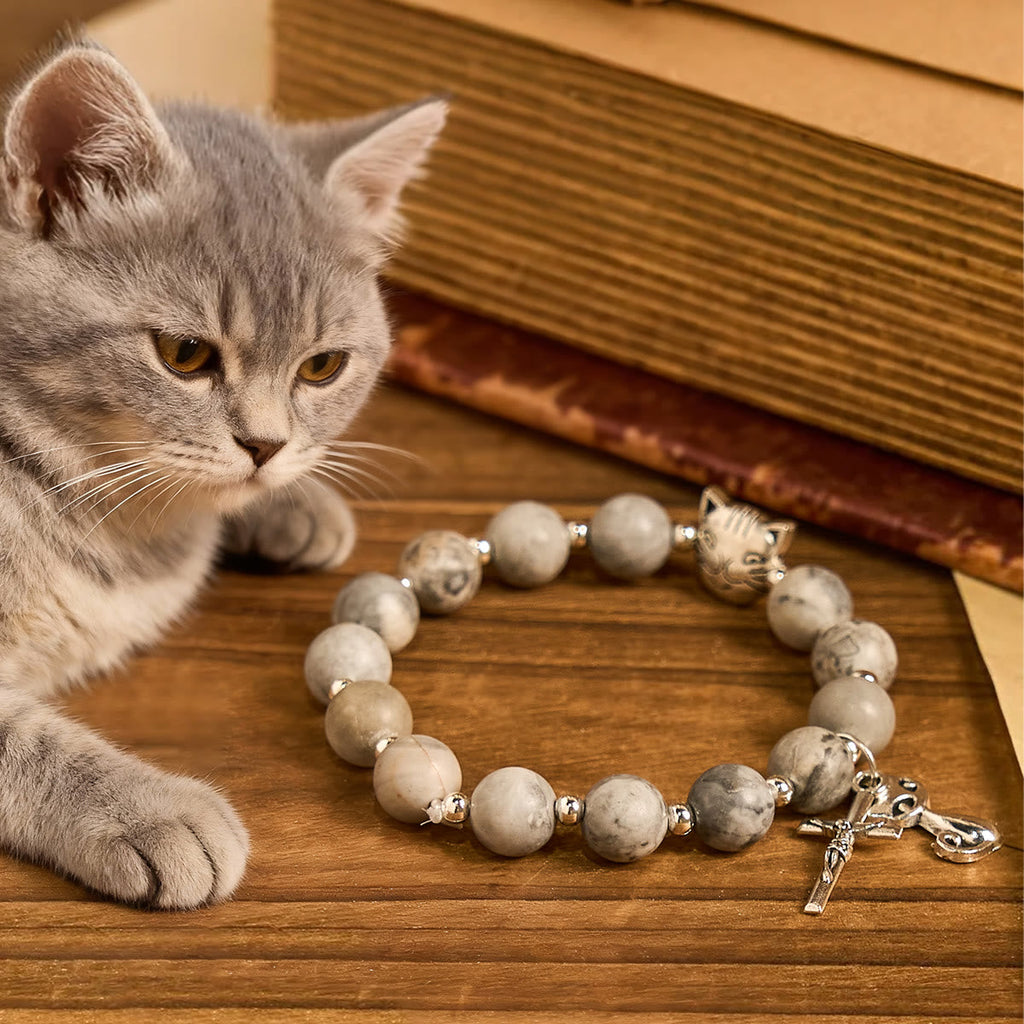 Rosario de Oración Gato Atigrado Gris: Pulsera por los Gatos Callejeros, Rosario Animal