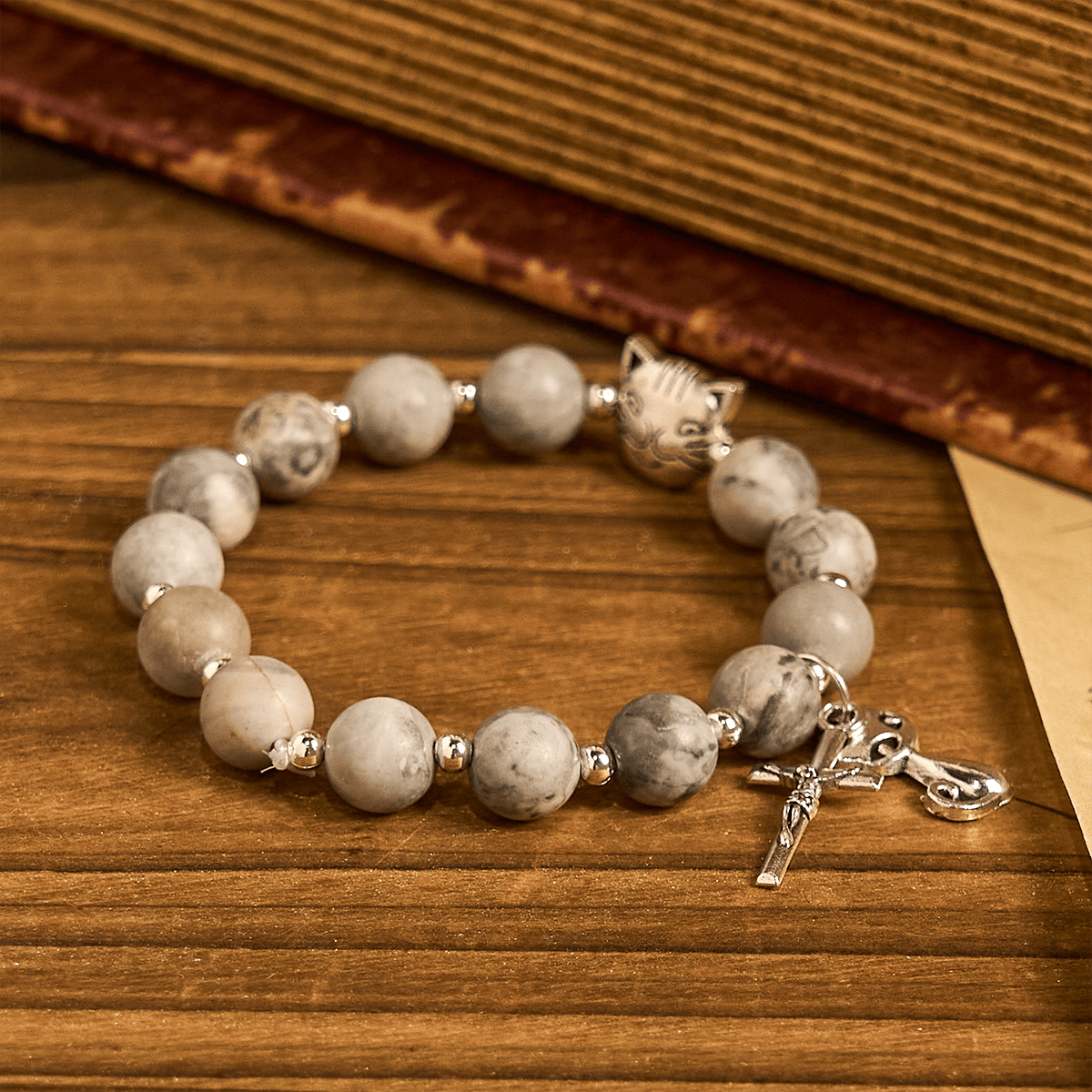 Pulsera Animal de Oración Gato Atigrado Gris "Guardián Gentil"
