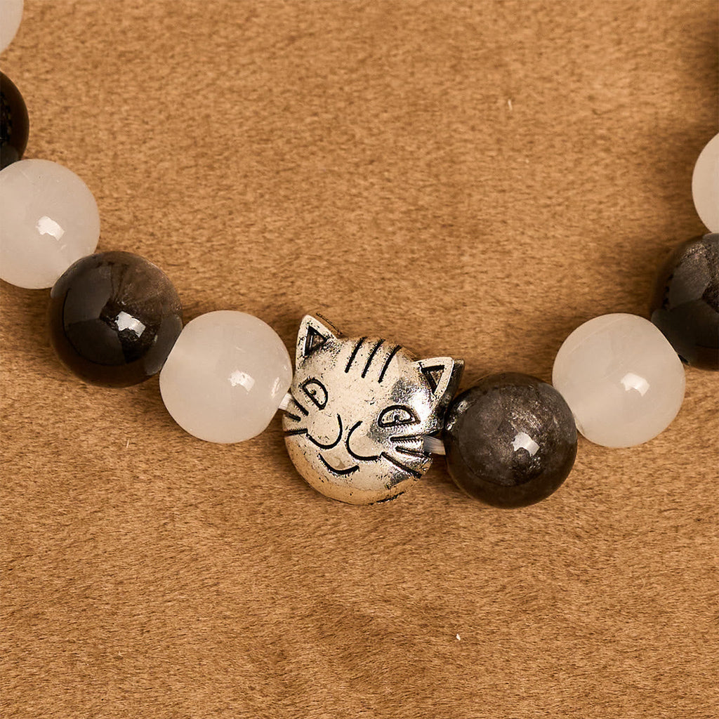 Pulsera de Cuentas con Gata Blanca y Negra "Bendición de la Virgen", Rosario Animal